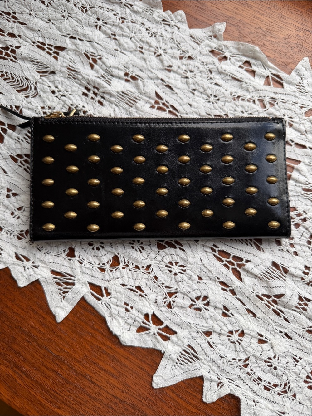 Calleen Cordero Black Leather Zip Wallet Card Holder with Gold Stud Accents